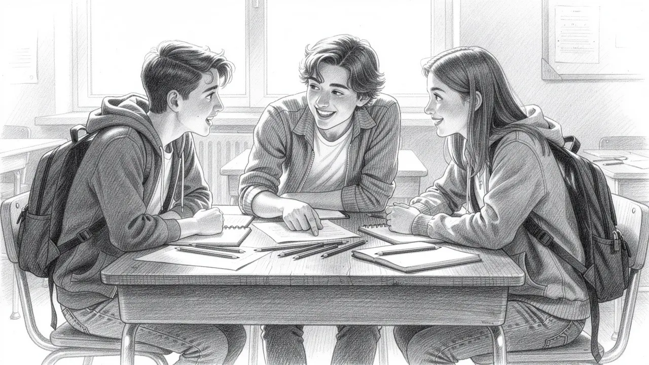 Adolescentes colaborando en equipo desarrollando habilidades sociales